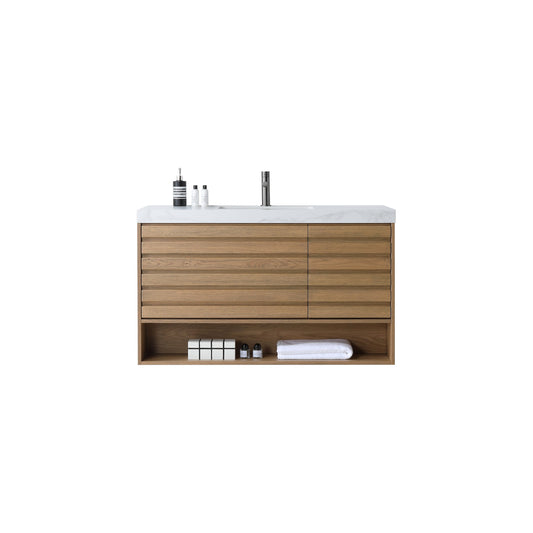 MATERA 48” PECAN OAK WALL MOUNT MODERN BATHROOM VANITY (WHITE COUNTERTOP)
