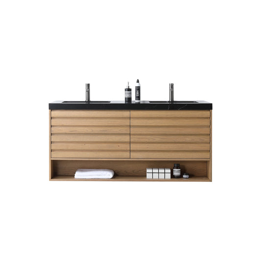 MATERA 60” PECAN OAK WALL MOUNT MODERN BATHROOM VANITY (BLACK COUNTERTOP)
