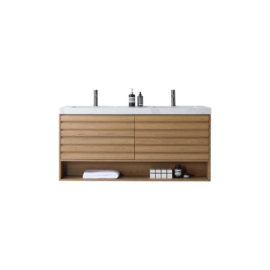 MATERA 60” PECAN OAK WALL MOUNT MODERN BATHROOM VANITY (WHITE COUNTERTOP)