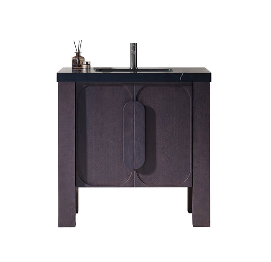 MUNICH 36” ESPRESSO OAK FREESTANDING MODERN BATHROOM VANITY (BLACK COUNTERTOP)