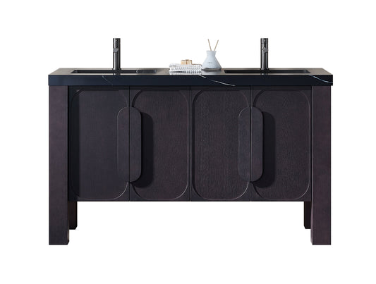 MUNICH 60” ESPRESSO OAK FREESTANDING MODERN BATHROOM VANITY (BLACK COUNTERTOP)