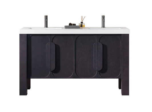 MUNICH 60” ESPRESSO OAK FREESTANDING MODERN BATHROOM VANITY (WHITE COUNTERTOP)