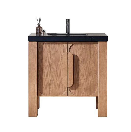 MUNICH 36” NATURAL TEAK FREESTANDING MODERN BATHROOM VANITY (BLACK COUNTERTOP)