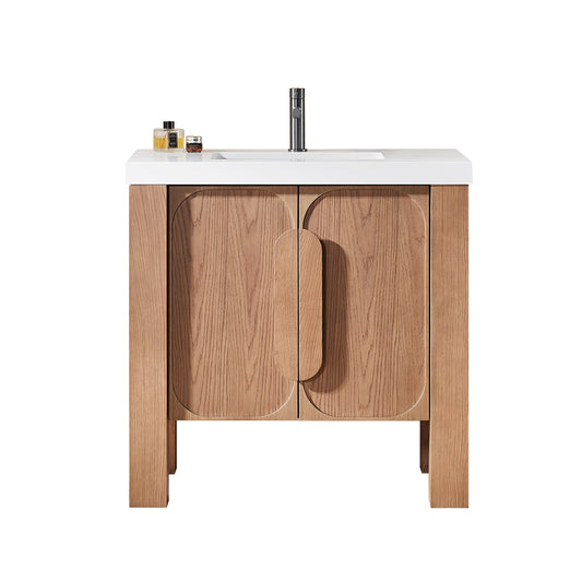MUNICH 36” NATURAL TEAK FREESTANDING MODERN BATHROOM VANITY (WHITE COUNTERTOP)