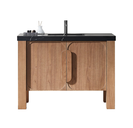 MUNICH 48” NATURAL TEAK FREESTANDING MODERN BATHROOM VANITY (BLACK COUNTERTOP)