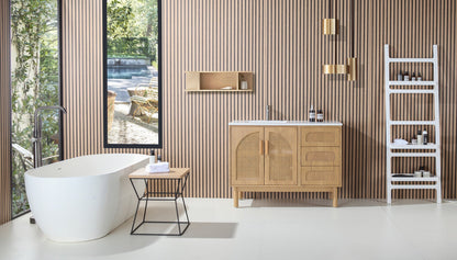 NARA 48” PECAN OAK MID-CENTURY FREESTANDING BATHROOM VANITY