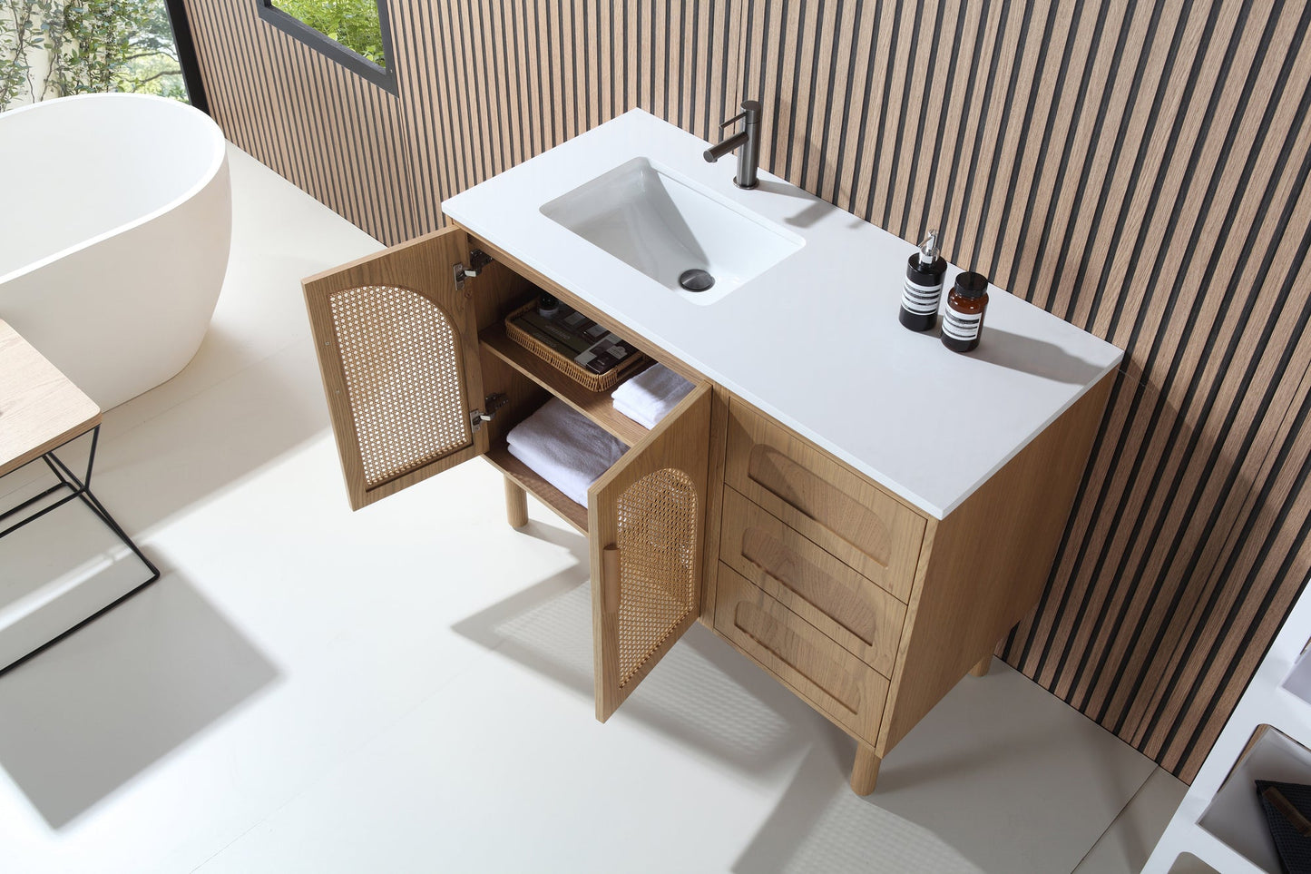 NARA 48” PECAN OAK MID-CENTURY FREESTANDING BATHROOM VANITY
