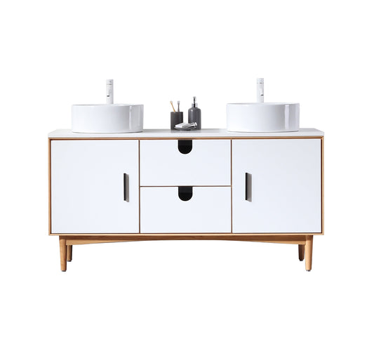 PORTREE 60” MATTE WHITE MID-CENTURY FREESTANDING BATHROOM VANITY