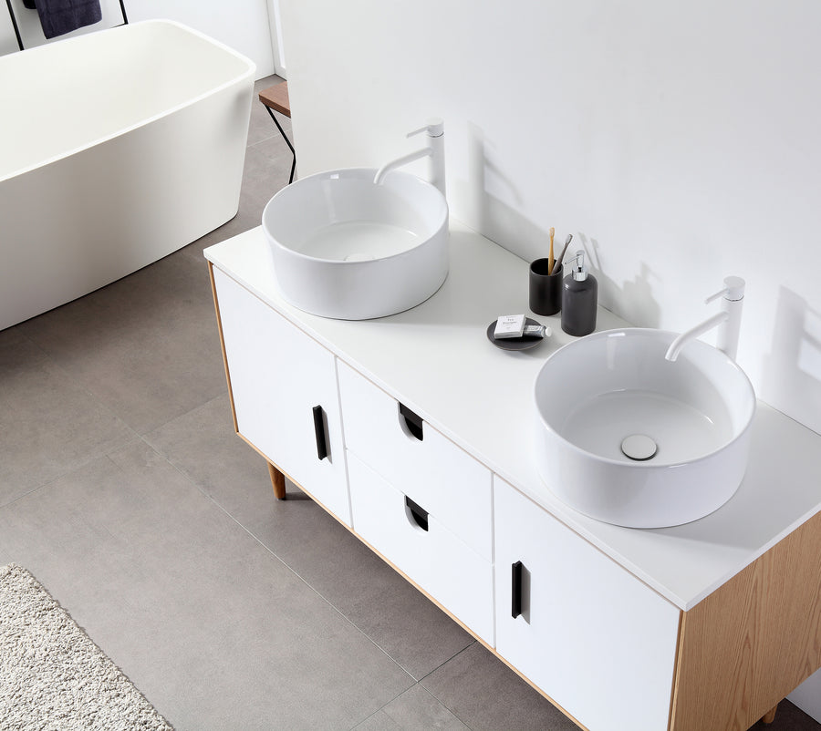 PORTREE 60” MATTE WHITE MID-CENTURY FREESTANDING BATHROOM VANITY