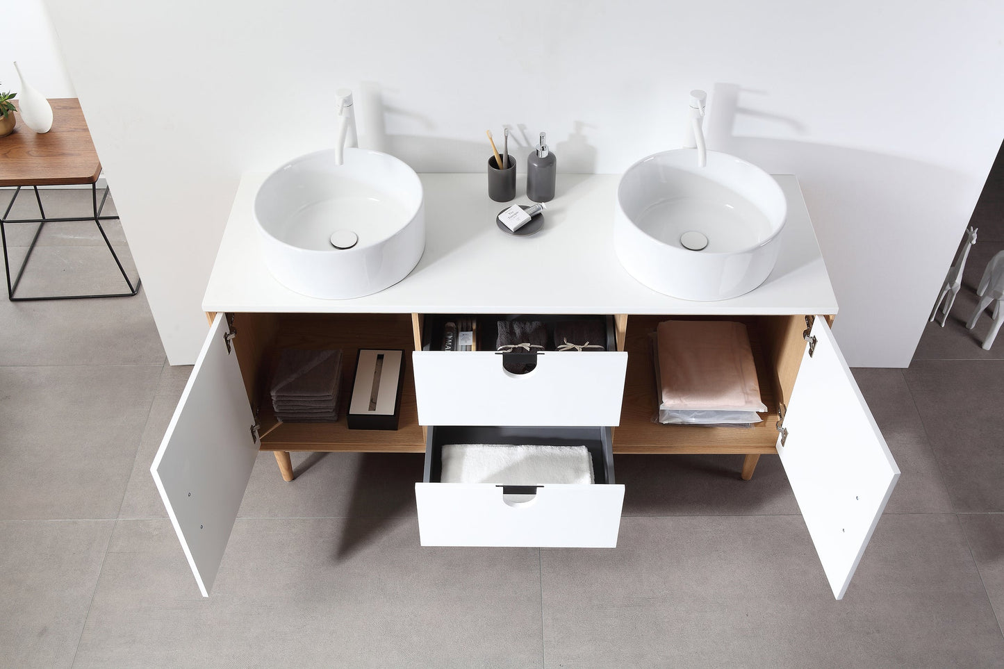 PORTREE 60” MATTE WHITE MID-CENTURY FREESTANDING BATHROOM VANITY