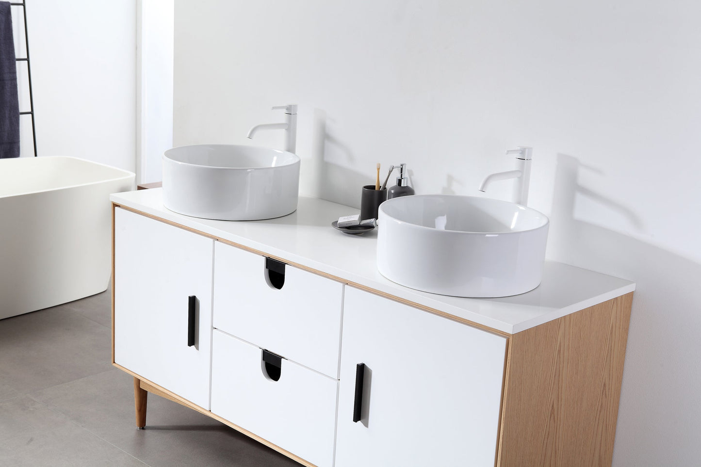 PORTREE 60” MATTE WHITE MID-CENTURY FREESTANDING BATHROOM VANITY