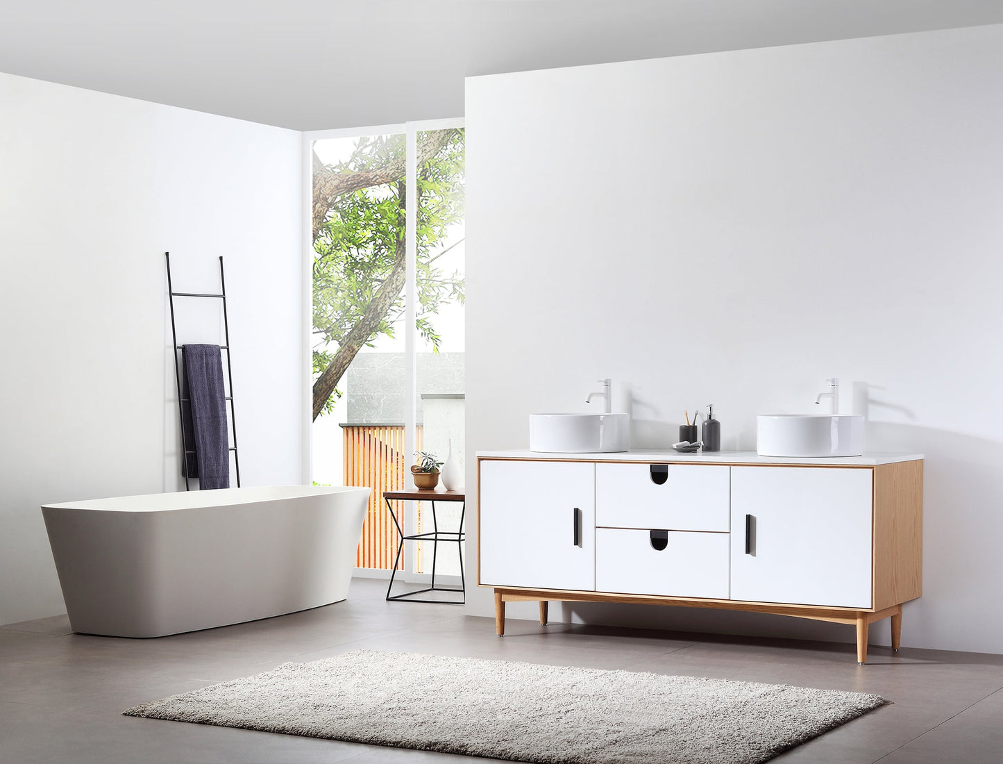 PORTREE 72” MATTE WHITE MID-CENTURY FREESTANDING BATHROOM VANITY