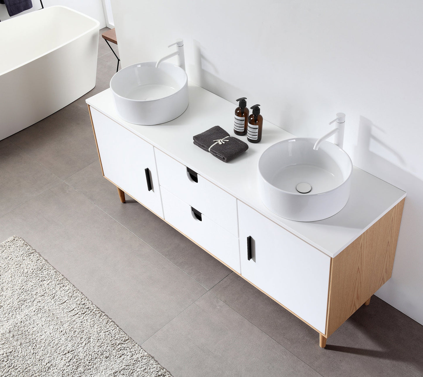 PORTREE 72” MATTE WHITE MID-CENTURY FREESTANDING BATHROOM VANITY