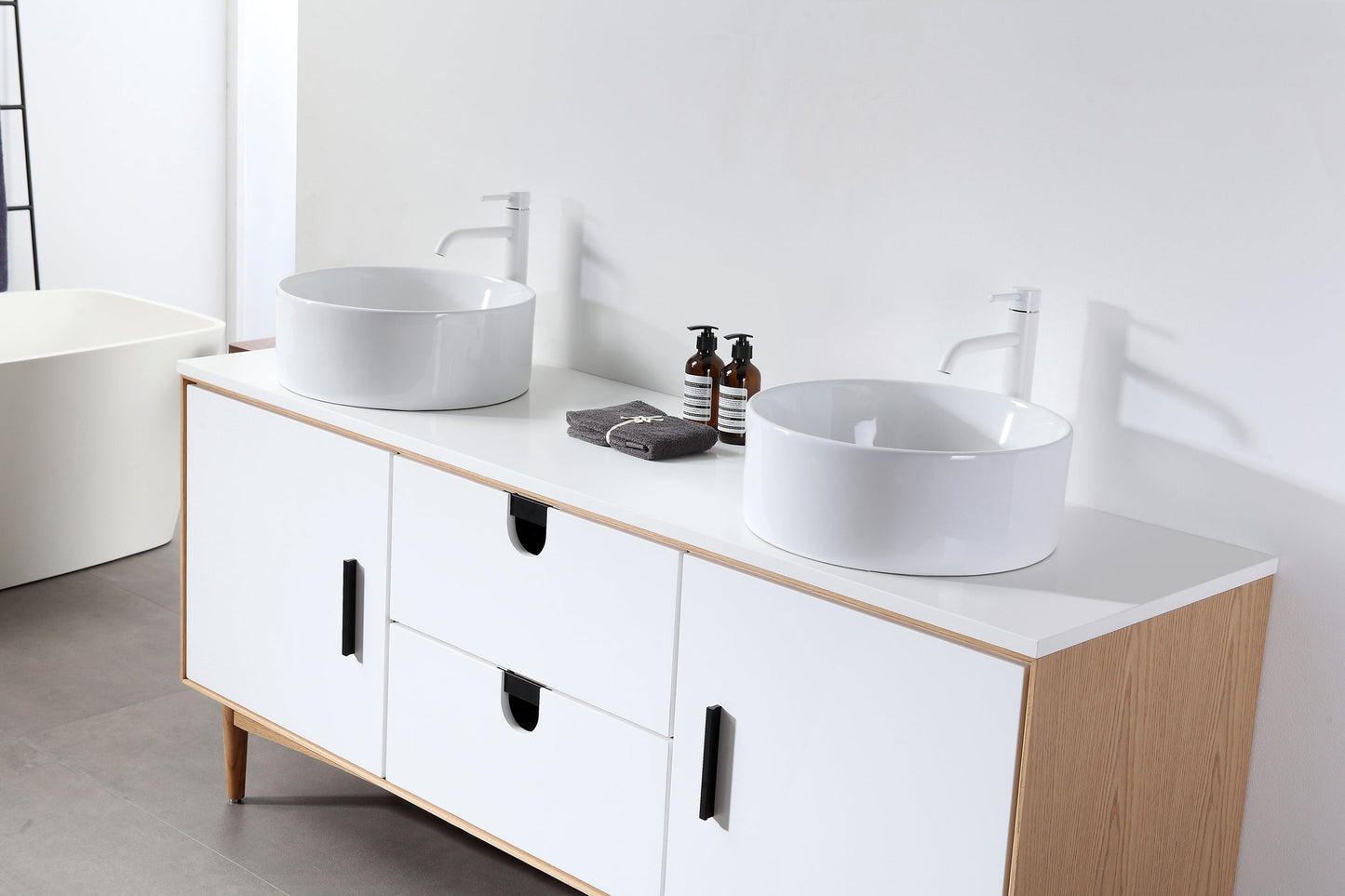 PORTREE 72” MATTE WHITE MID-CENTURY FREESTANDING BATHROOM VANITY