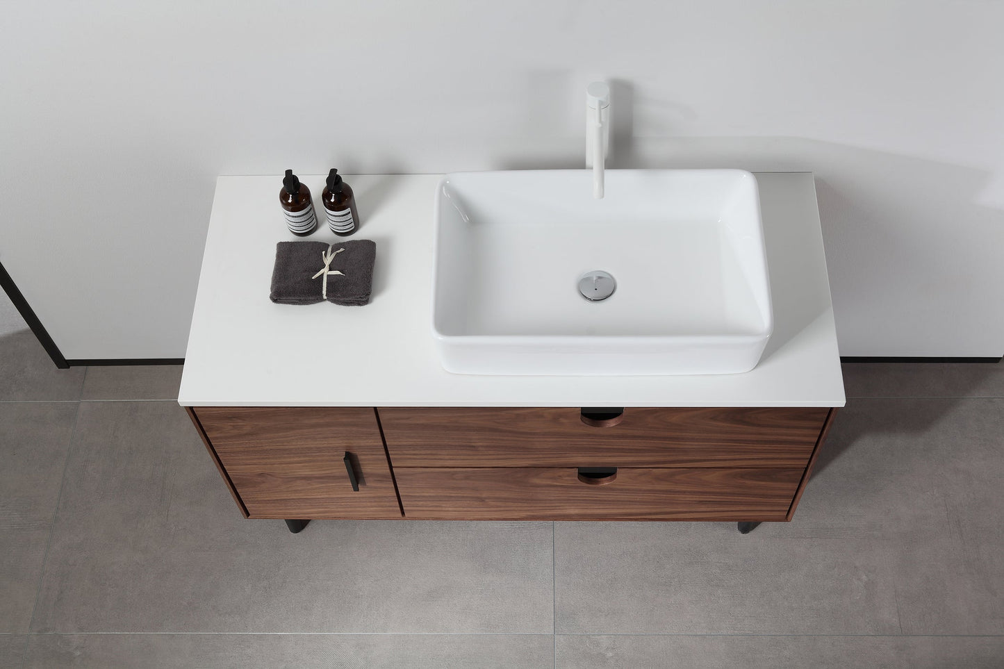 PORTREE 48” WALNUT MID-CENTURY FREESTANDING BATHROOM VANITY