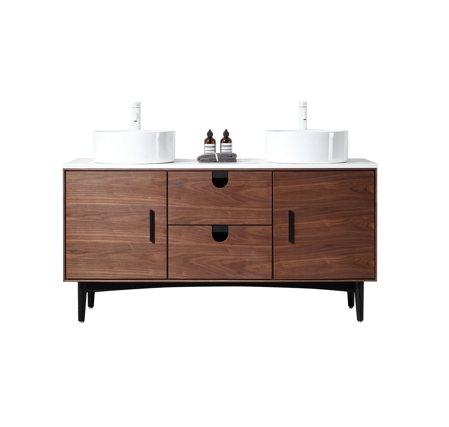 PORTREE 60” WALNUT MID-CENTURY FREESTANDING BATHROOM VANITY