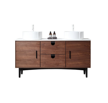 PORTREE 60” WALNUT MID-CENTURY FREESTANDING BATHROOM VANITY