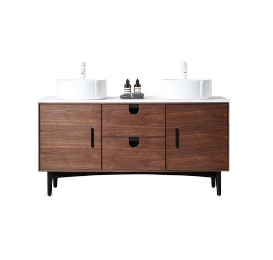 PORTREE 60” WALNUT MID-CENTURY FREESTANDING BATHROOM VANITY