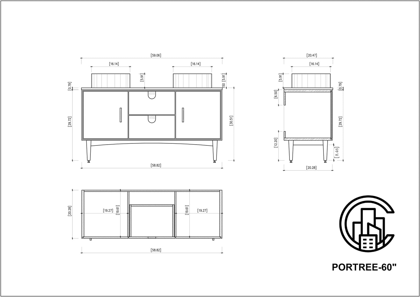 PORTREE 60” MATTE WHITE MID-CENTURY FREESTANDING BATHROOM VANITY