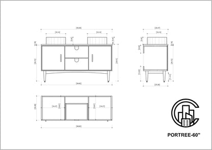 PORTREE 60” WALNUT MID-CENTURY FREESTANDING BATHROOM VANITY