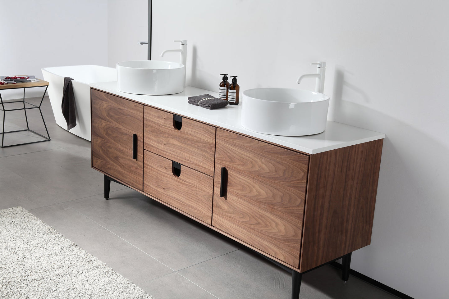 PORTREE 72” WALNUT MID-CENTURY FREESTANDING BATHROOM VANITY