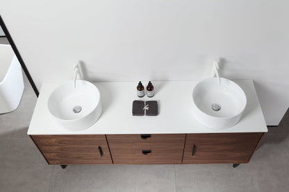 PORTREE 72” WALNUT MID-CENTURY FREESTANDING BATHROOM VANITY