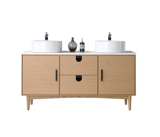 PORTREE 60” WHITEWASH OAK MID-CENTURY FREESTANDING BATHROOM VANITY