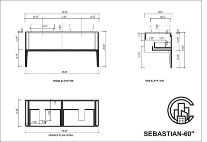SEBASTIAN 60” RED AMBER DUAL MOUNT MODERN BATHROOM VANITY