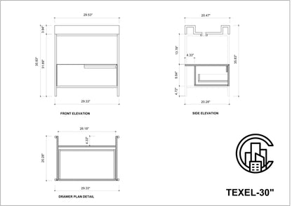 TEXEL 30” RED AMBER/BLACK INDUSTRIAL STYLE FREESTANDING BATHROOM VANITY