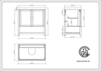 WINCHESTER 36” PECAN OAK FREESTANDING MODERN BATHROOM VANITY (WHITE COUNTERTOP)
