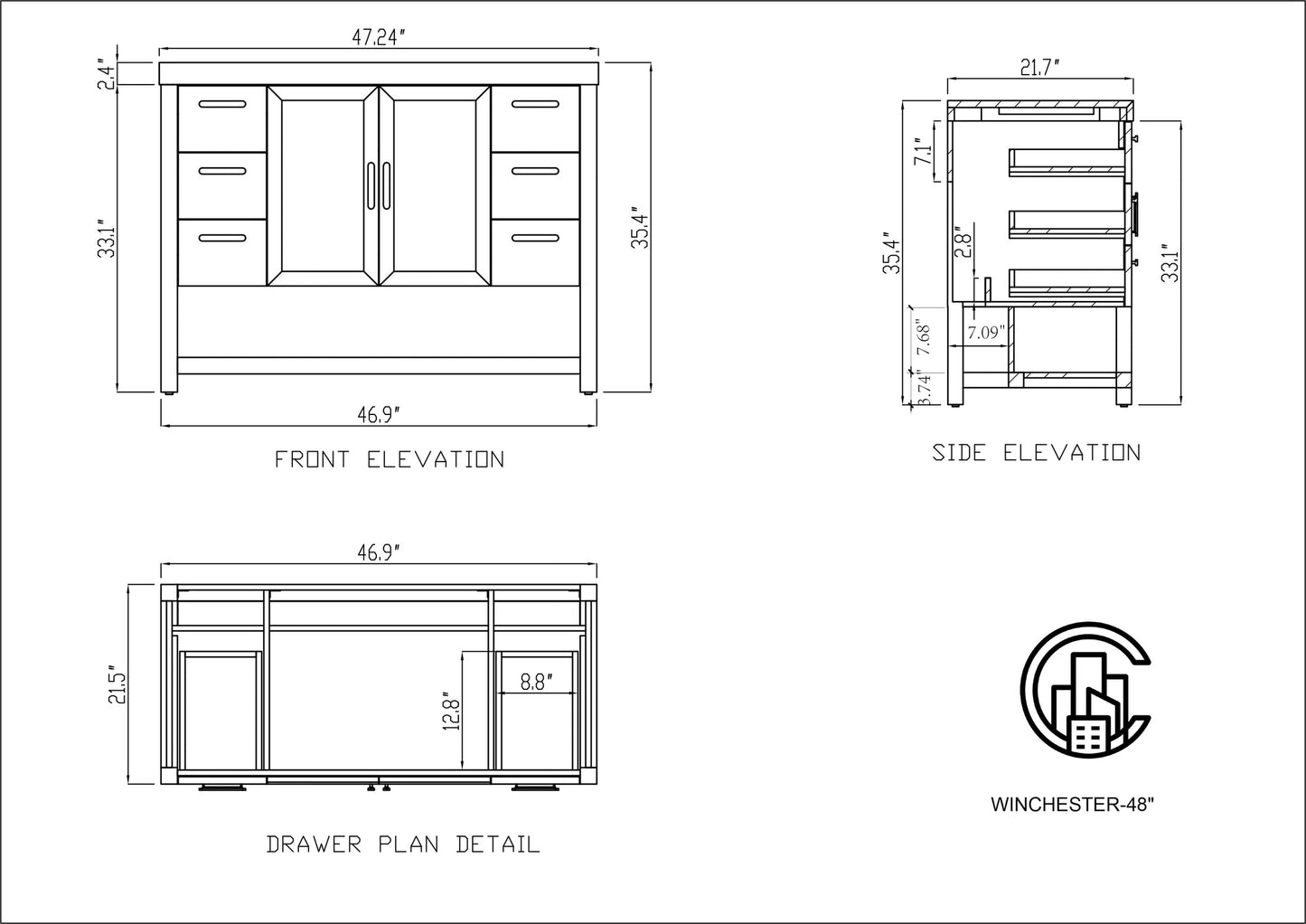 WINCHESTER 48” PECAN OAK FREESTANDING MODERN BATHROOM VANITY (BLACK COUNTERTOP)