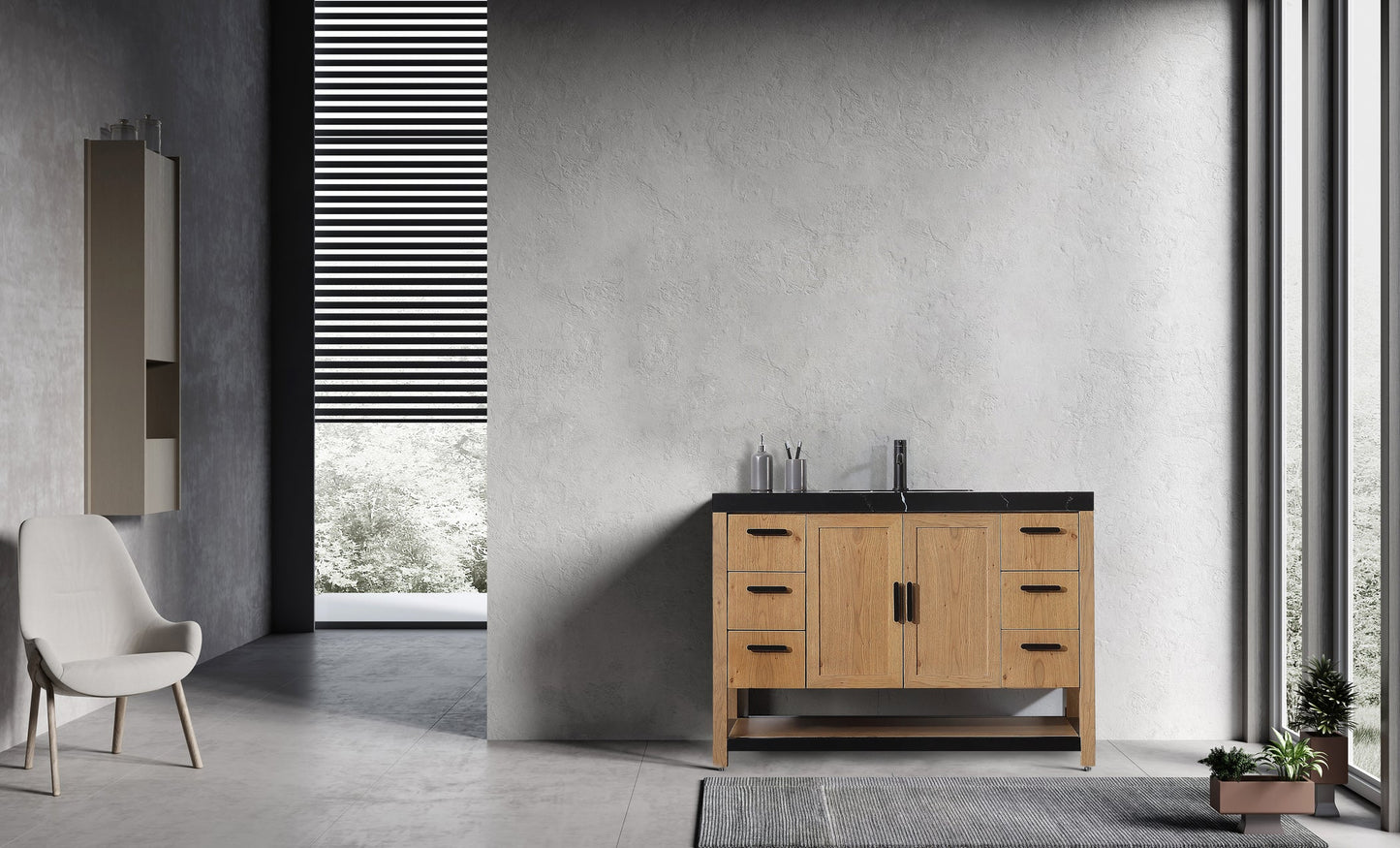 WINCHESTER 48” PECAN OAK FREESTANDING MODERN BATHROOM VANITY (BLACK COUNTERTOP)