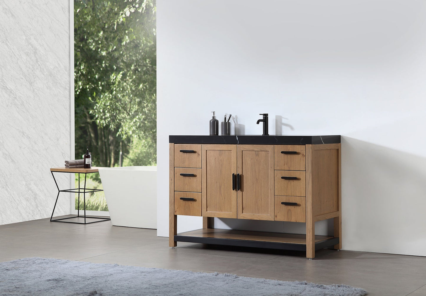 WINCHESTER 48” PECAN OAK FREESTANDING MODERN BATHROOM VANITY (BLACK COUNTERTOP)