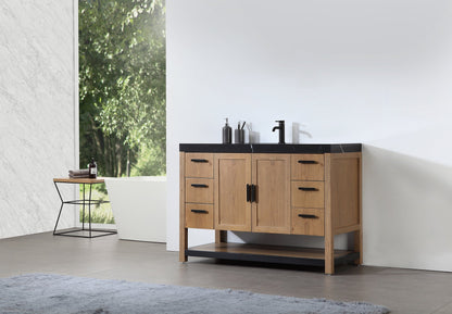 WINCHESTER 48” PECAN OAK FREESTANDING MODERN BATHROOM VANITY (BLACK COUNTERTOP)