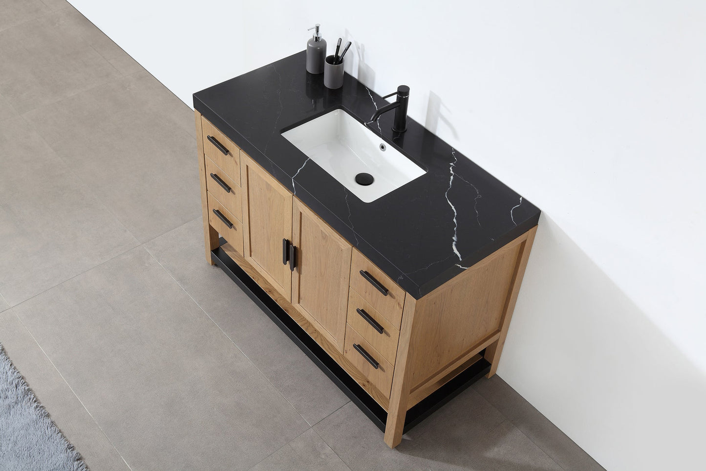 WINCHESTER 48” PECAN OAK FREESTANDING MODERN BATHROOM VANITY (BLACK COUNTERTOP)