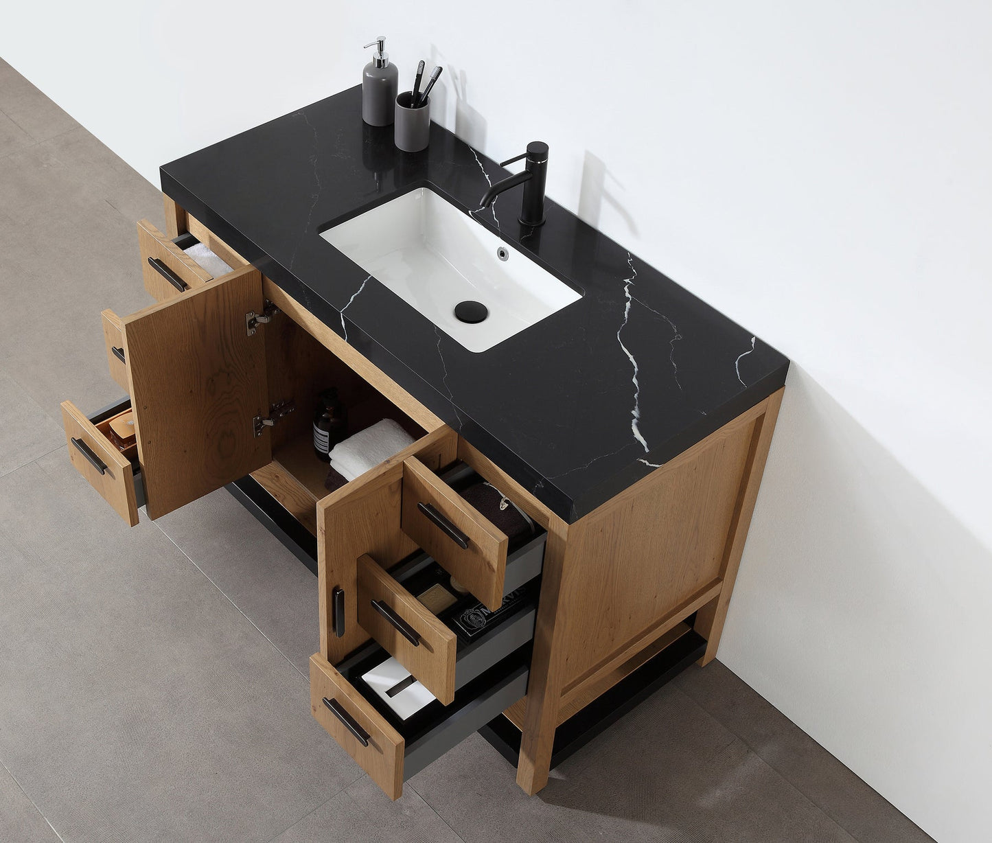 WINCHESTER 48” PECAN OAK FREESTANDING MODERN BATHROOM VANITY (BLACK COUNTERTOP)