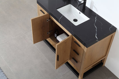 WINCHESTER 48” PECAN OAK FREESTANDING MODERN BATHROOM VANITY (BLACK COUNTERTOP)