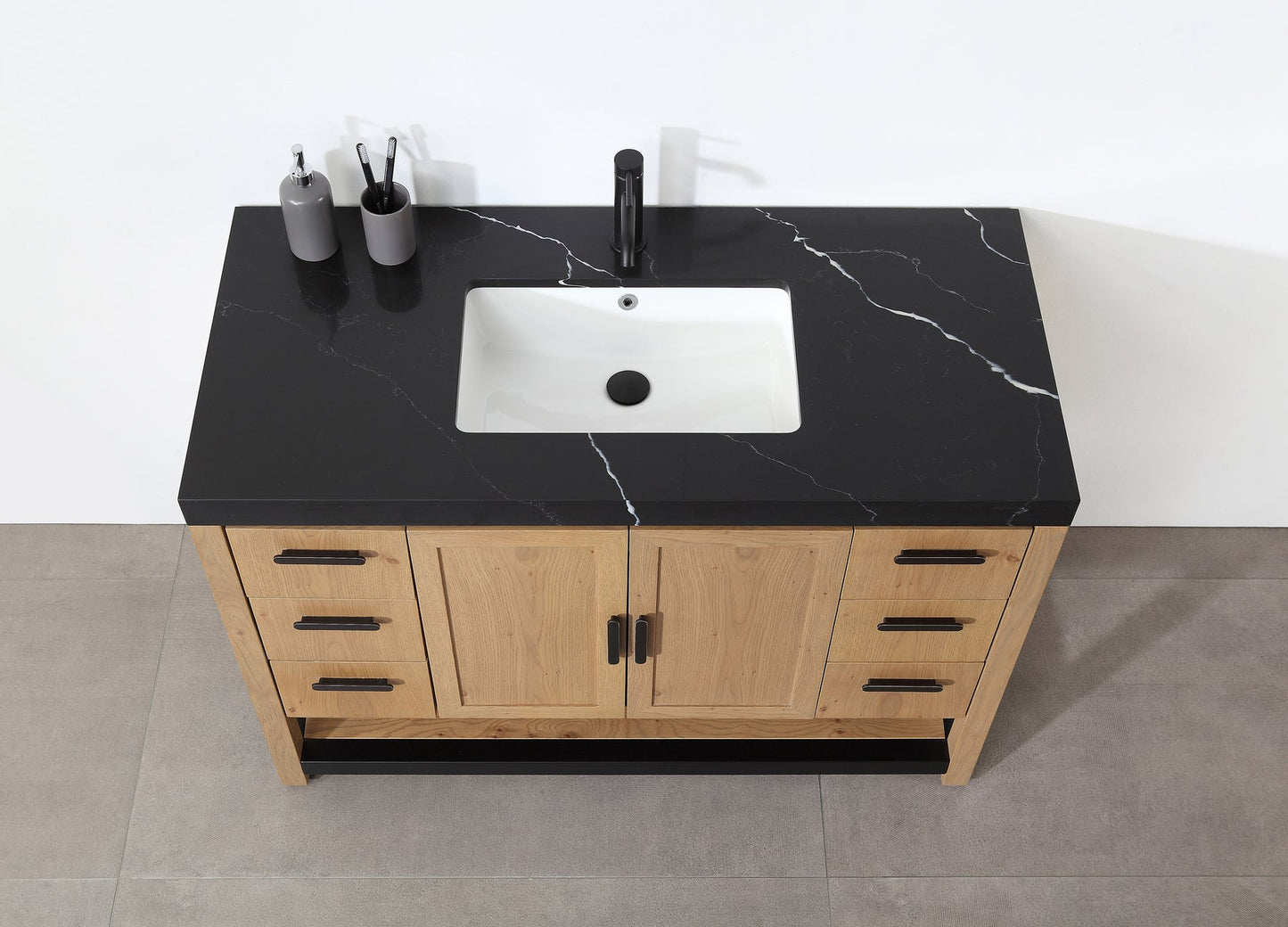 WINCHESTER 48” PECAN OAK FREESTANDING MODERN BATHROOM VANITY (BLACK COUNTERTOP)
