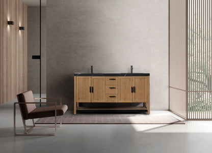 WINCHESTER 60” PECAN OAK FREESTANDING MODERN BATHROOM VANITY(BLACK COUNTERTOP)