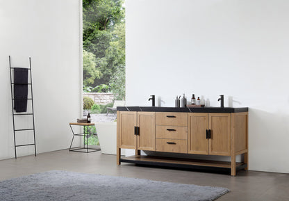 WINCHESTER 72” PECAN OAK FREESTANDING MODERN BATHROOM VANITY(BLACK COUNTERTOP)