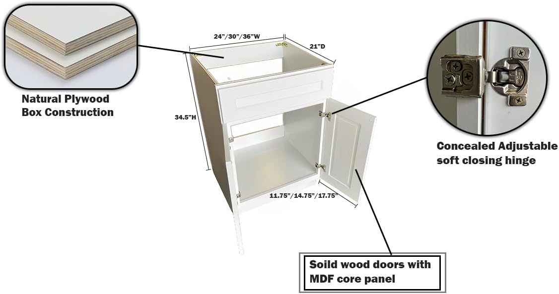 24" Bathroom Vanity, White Shaker Vanity, Double Door Cabinet