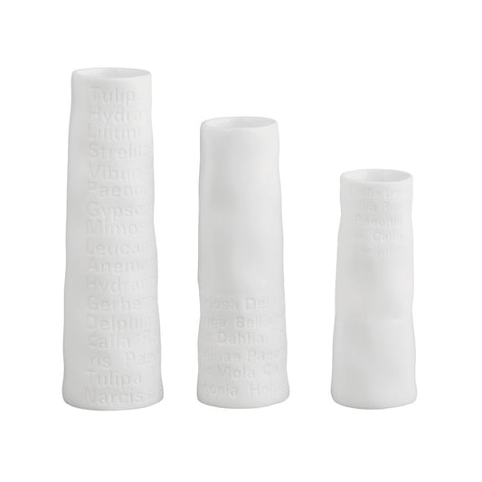 A Poetic Space White Porcelain Mini Vase Set of 3 with Embossed Flower Name Decoration