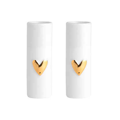 Love Heart Mini Porcelain Vases Set of 2 – Modern Bud Vase Gift Set with Gold or Silver Heart Accents