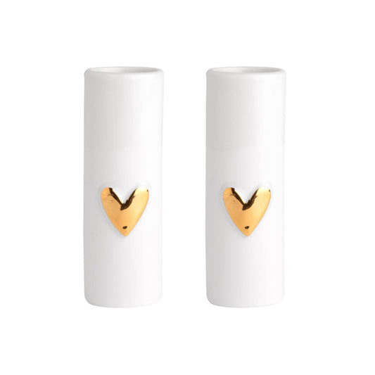 Love Heart Mini Porcelain Vases Set of 2 – Modern Bud Vase Gift Set with Gold or Silver Heart Accents