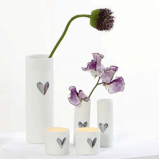 Love Heart Porcelain Vase and Tealight Holder Set of 5 – Modern Gift Set with Gold or Silver Heart Accents