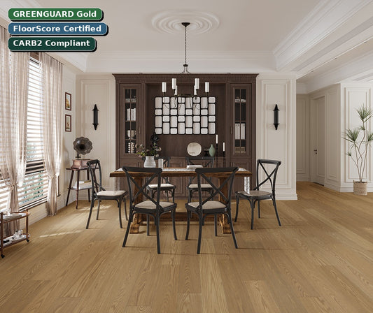 Cognac Opulent Couture engineered European oak flooring — GREENGUARD Gold, FloorScore Certified, CARB2 Compliant