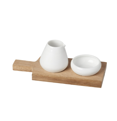Oil and Salt Pot Set for Kitchen or Dining Table of Porcelain and Acacia Wood