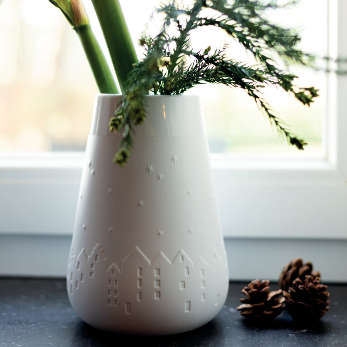 Poetry White Porcelain Vase with Embossed Winter Design - Flower Vase and Sculptural Vase for Home Decor product image