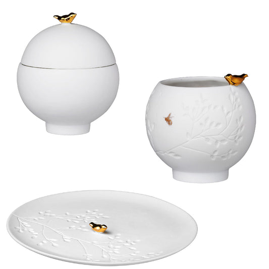 Porcelain Stories Flock of Birds Decorative Set of Canister, Tealight Holder and Plate - White and Gold