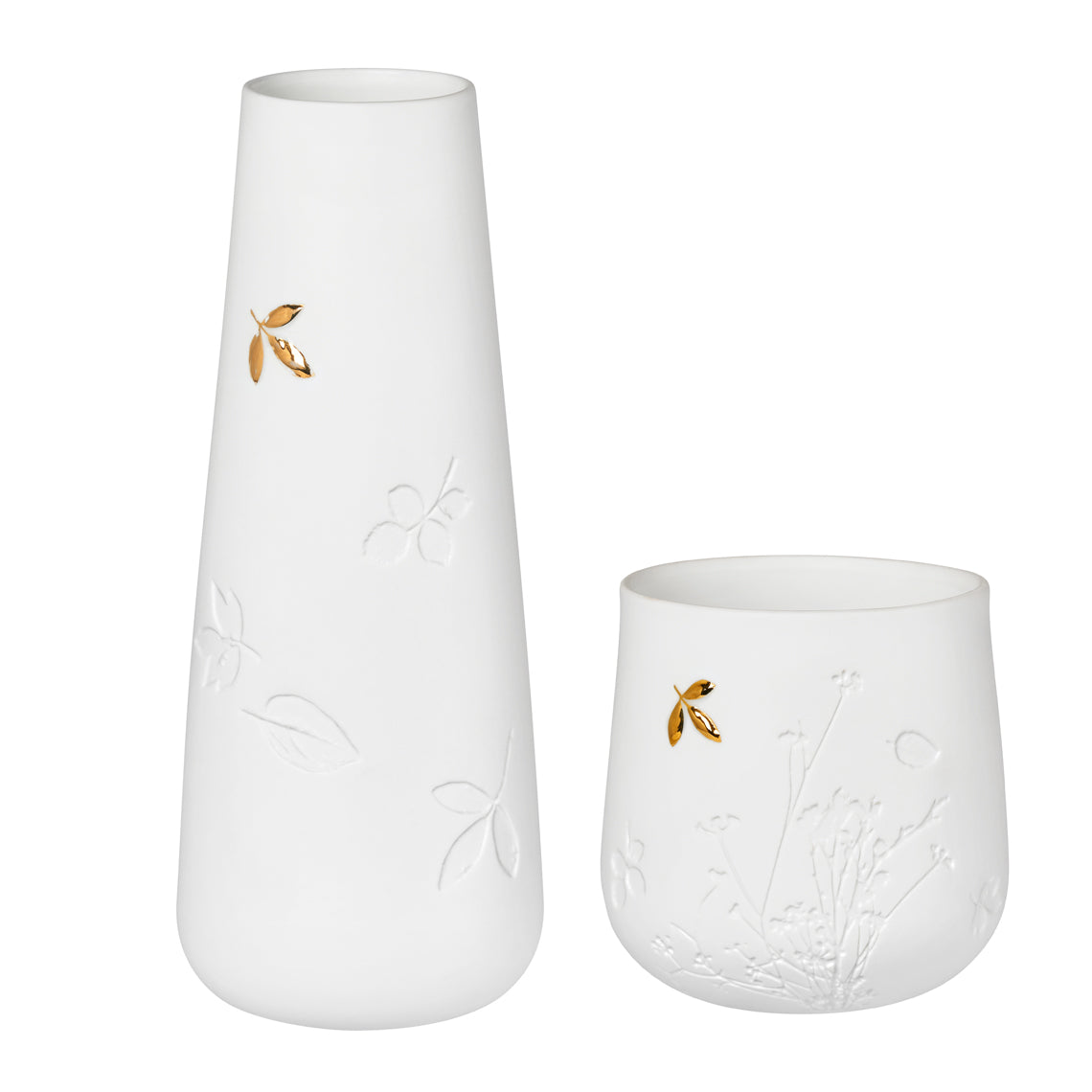 Porcelain Stories White Porcelain Tealight Candle Holder and Vase Set with Gold Leaf Accent